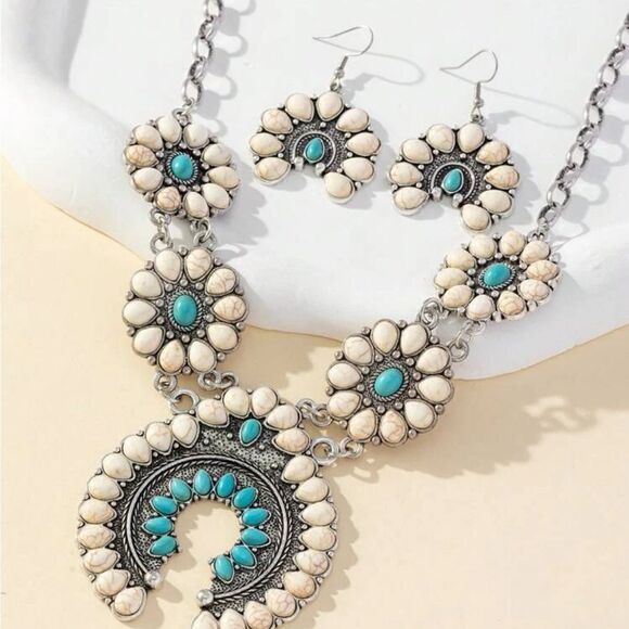 3pcs/set Vintage Style Fake Turquoise Necklace & Drop Earrings set - Picture 3 of 12